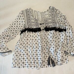 En Creme Black and White Tie Front Blouse with 3/4 Sleeves Coin Embellishment